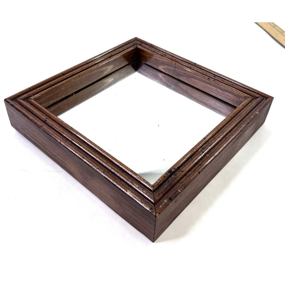 Carved Wood Square Wall Mirror 8x8 Brown Frame Diamond Hang Option